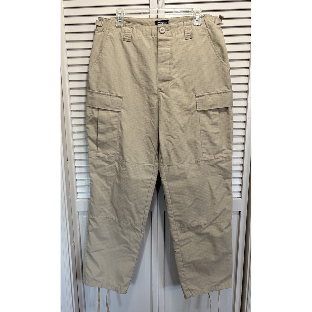 CQR Beige Khaki Cargo Tan‎ Pants Size M Straight Leg Logo Mid Rise Zip Tie Hem